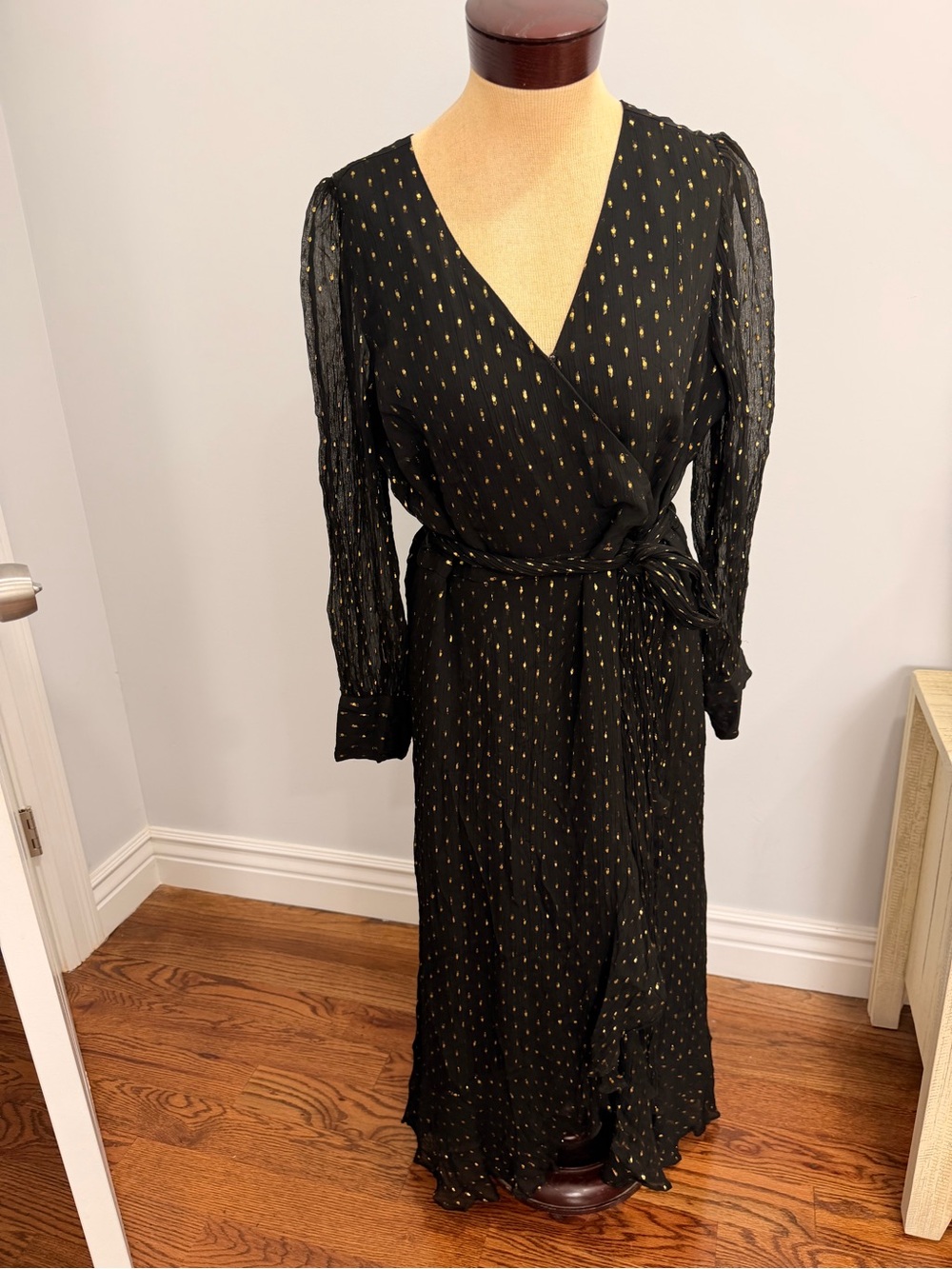 J. Crew Black Maxi Wrap Dress with Gold Dot Print